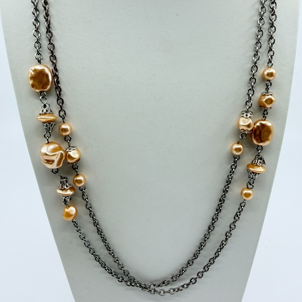 Vintage Gold Tone Faux Pearl Double Strand Layered Gunmetal Chain Necklace Boho